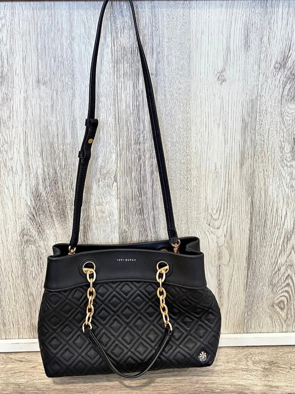 Tory Burch Fleming Small Quilted Leather Tote Bag Black gold Shoulder Bag
